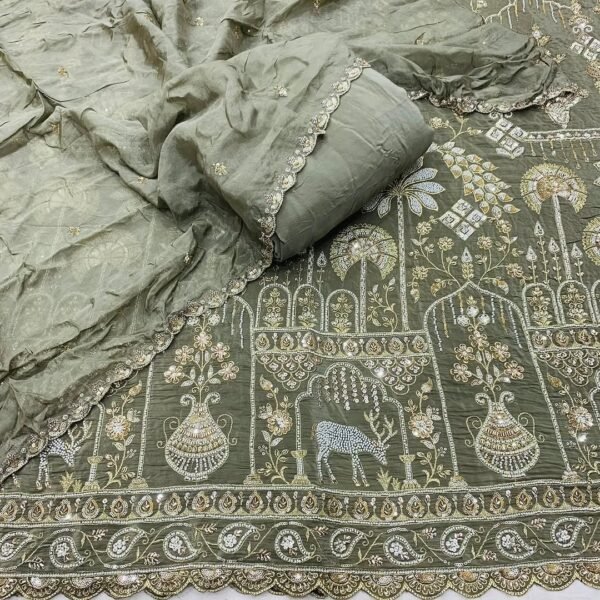 Pure Crepe Silk Fabric with Heavy Daman Hand Embroidery (Unstitched)