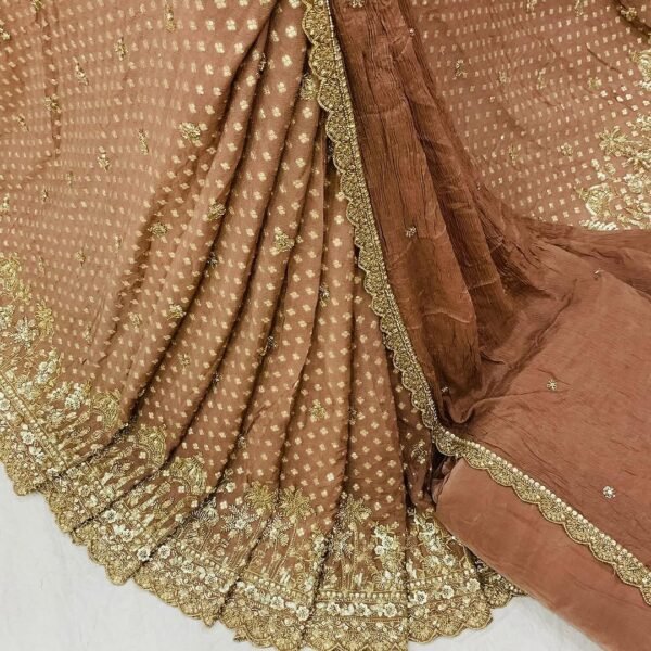 Pure Chinon Silk Zari Jacquard Fabric with Heavy Daman Hand Embroidery (Unstitched)