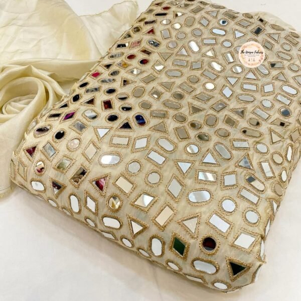 Ivory Tissue Fabric with All-Over Real Mirror Embroidery (Unstitched)
